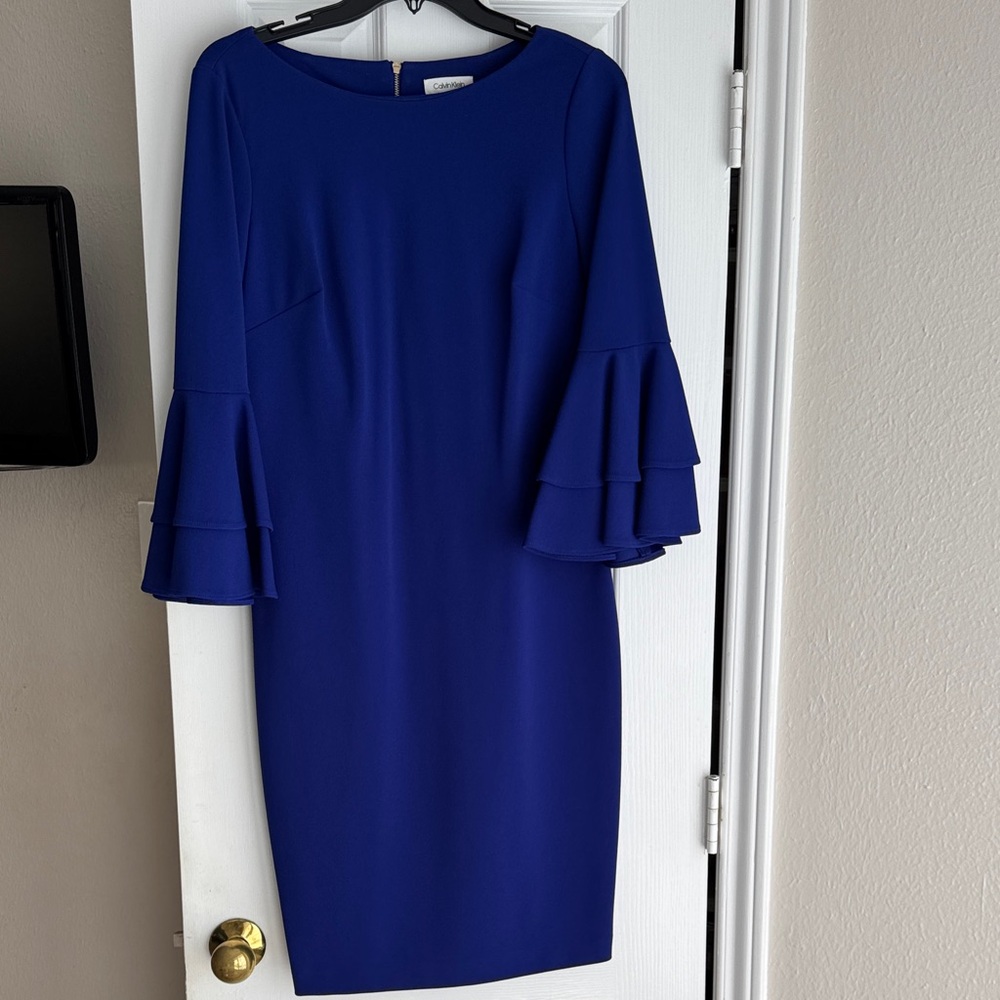 Calvin Klein Cobalt Blue Tiered Bell-Sleeve Midi Dress